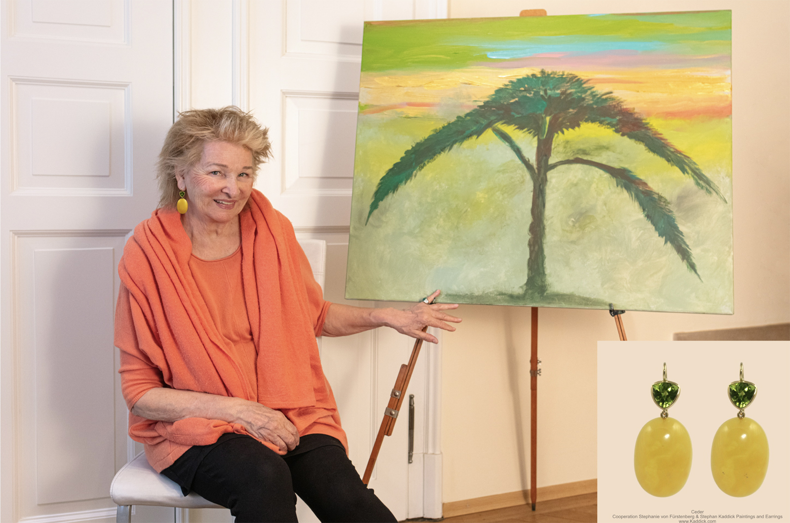 Stephany von Fuerstenberg with her painting and her earing to save the Cedre Imperial Meudon